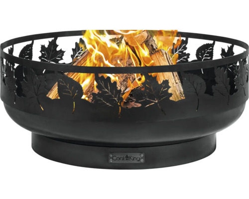 Metalen vuurschaal met bladerdesign en brandend hout