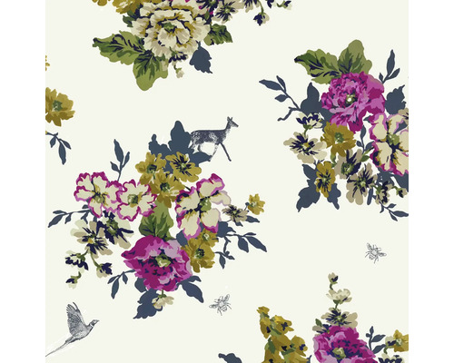 JOULES Vliesbehang 118552 Joules Floral Crème Bloemenpatroon met dierenillustraties voor decoratieve doeleinden