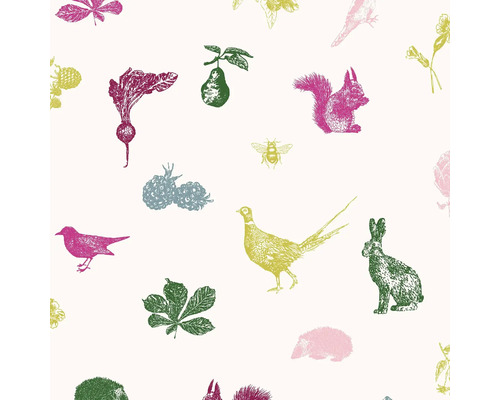 JOULES Vliesbehang 118553 Etched Woodland Crème Multi Patroon met illustraties van dieren, fruit en bladeren