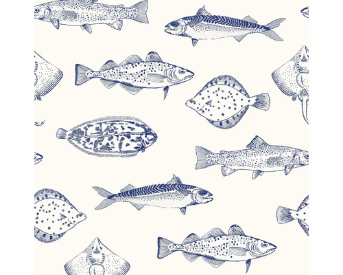 JOULES Vliesbehang 118554 Name The Plaice Coast Blue Naadloos patroon met illustraties van verschillende vissoorten