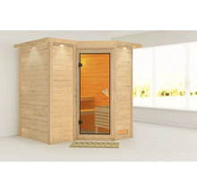 Houten sauna met glazen deur en interieurverlichting