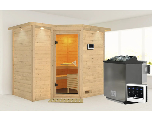 Houten hoeksauna met glazen deur en saunakachel