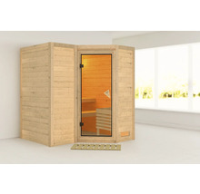 Houten sauna met glazen deur en houten rooster
