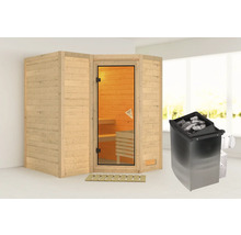 Houten sauna met glazen deur en saunakachel