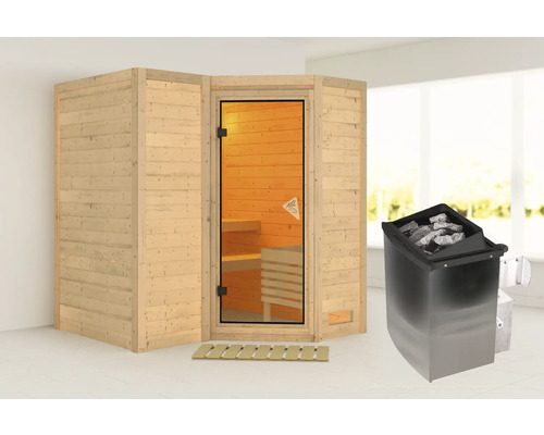 Houten sauna met glazen deur en saunakachel