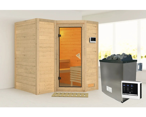 Houten sauna met glazen deur en saunakachel
