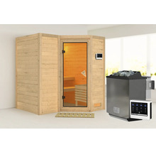 Sauna met glazen deur, bedieningselement en saunaoven met saunastenen
