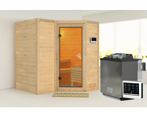 Sauna met glazen deur, bedieningselement en saunaoven met saunastenen