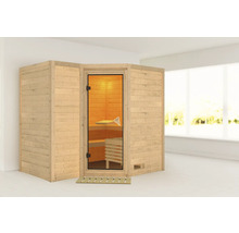 Houten sauna met glazen deur en houten bank