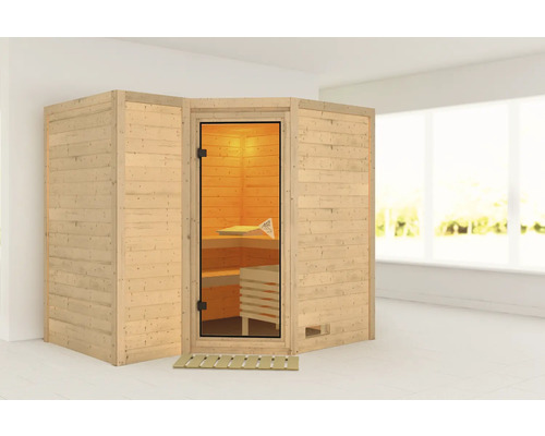 Houten sauna met glazen deur en houten bank