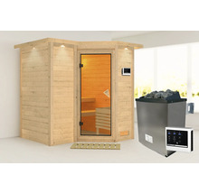 Houten sauna met glazen deur en saunakachel