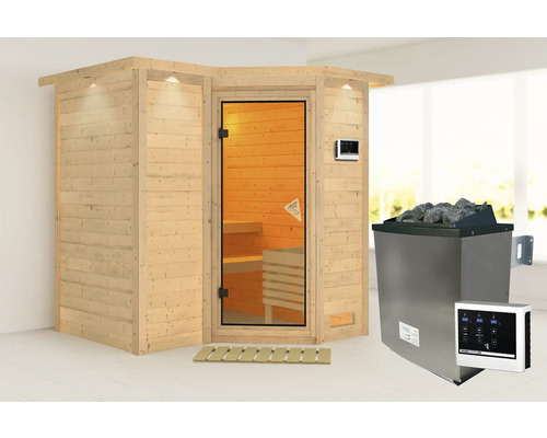 Houten sauna met glazen deur en saunakachel