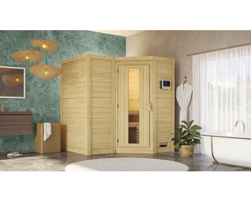 Lichte badkamerscène met sauna, bad en wastafel