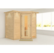 Houten sauna met glazen deur en verlichting
