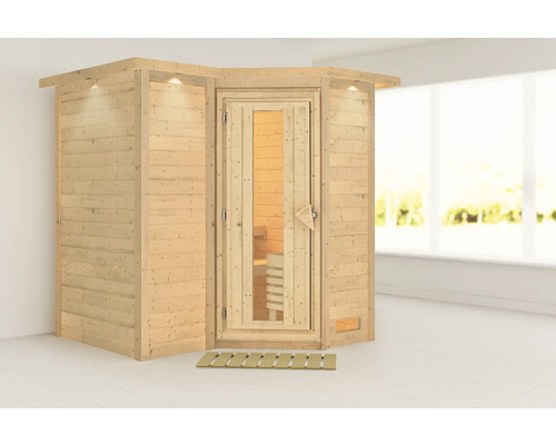 Houten sauna met glazen deur en verlichting