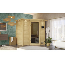 Houten sauna met glazen deur in een badkamer
