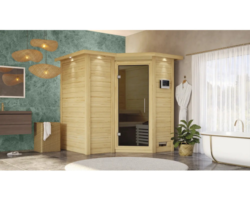 Houten sauna met glazen deur in een badkamer