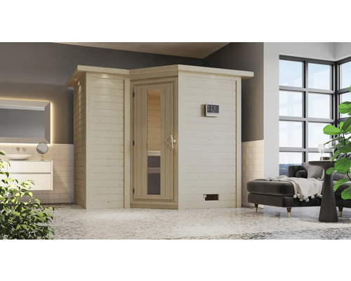 Houten sauna met glazen deur en bedieningselement in een modern vormgegeven badkamer.