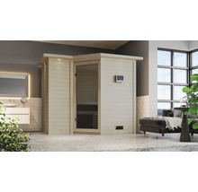 Interieurfoto van een houten sauna met glazen deur en digitaal bedieningspaneel in een badkamer.