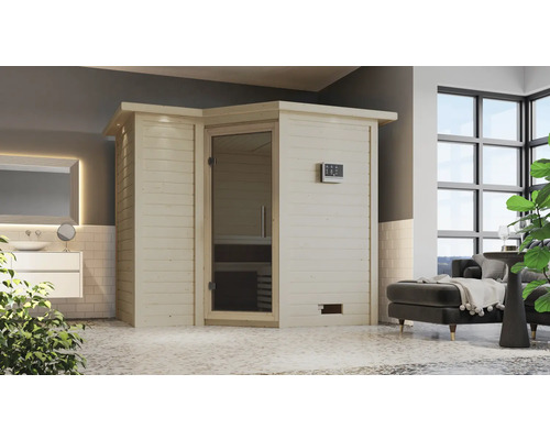 Interieur met een houten sauna en een glazen deur naast een badkamermeubel.