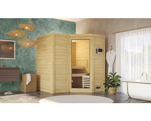 Badkamer met houten sauna, bad en wastafel