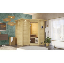 Badkamer met houten sauna, bad, wastafel en decoraties