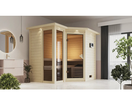 Houten hoeksauna met glazen deur in een lichte badkamer