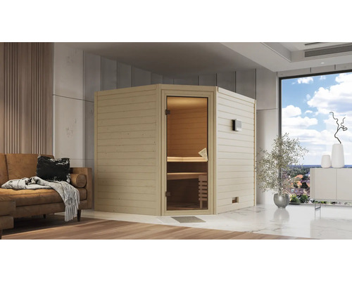 Houten hoeksauna met glazen deur in een modern ingerichte kamer.