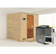 Sauna met houten bekleding, glazen deur en saunakachel