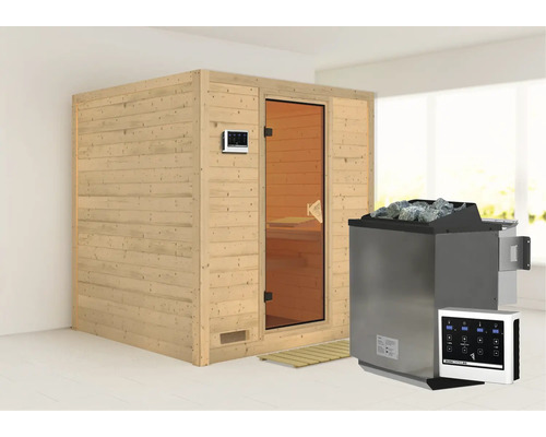 Sauna met houten bekleding, glazen deur en saunakachel