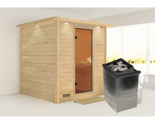 Houten sauna met kachel en stenen