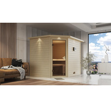 Houten hoeksauna met glazen deur in een modern ingerichte ruimte