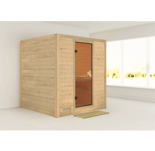 Houten sauna met glazen deur en houten rooster