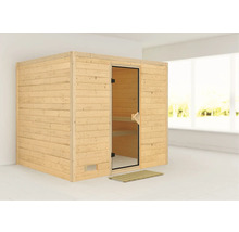 Houten sauna met glazen deur en houten rooster
