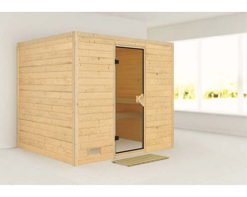 Houten sauna met glazen deur en houten rooster