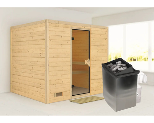 Houten sauna met saunakachel en saunastenen