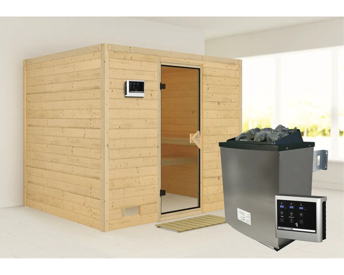 Sauna met houten bekleding en saunakachel met stenen