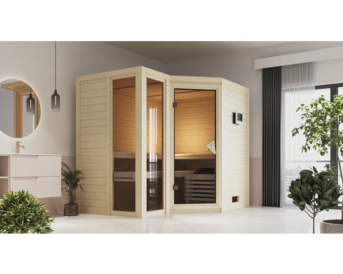 Hoeksauna met glazen deur en bedieningspaneel in een lichte badkamer