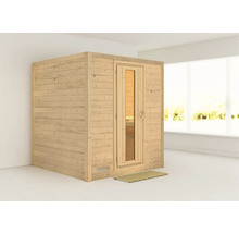 Houten sauna met glazen deur en houten rooster