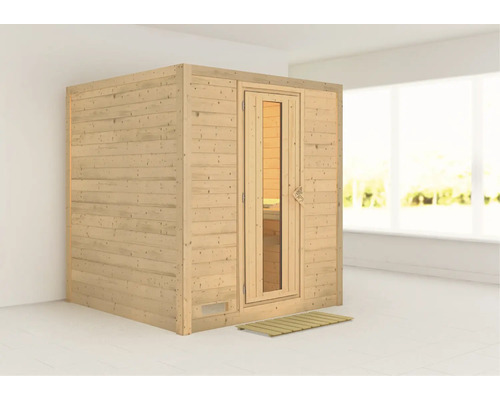 Houten sauna met glazen deur en houten rooster