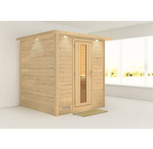 Houten sauna met glazen deur en verlichting