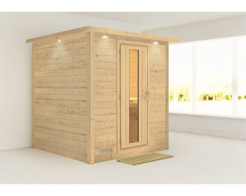 Houten sauna met glazen deur en verlichting