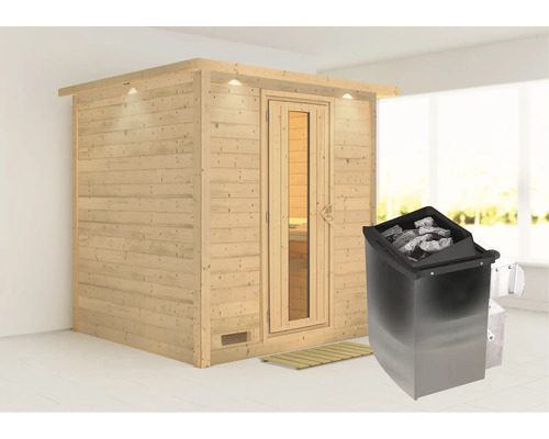Houten binnensauna met saunakachel