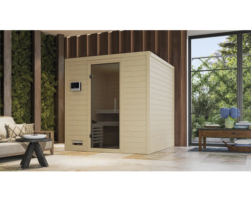 Interieur met een houten sauna met glazen deur en bedieningselement