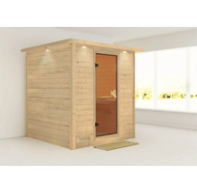 Houten sauna met glazen deur en verlichting