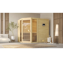 Houten sauna met glazen deur en digitaal bedieningspaneel in een lichte kamer.