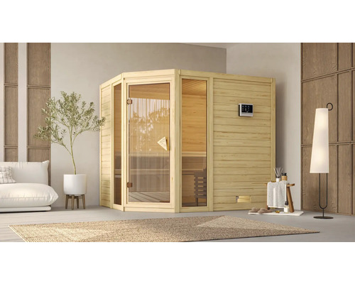 Houten sauna met glazen deur en digitaal bedieningspaneel in een lichte kamer.