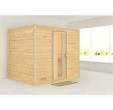 Houten sauna met glazen deur en voetenmat