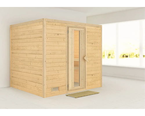 Houten sauna met glazen deur en voetenmat