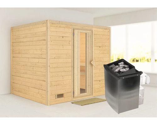 Houten sauna met saunakachel en saunastenen